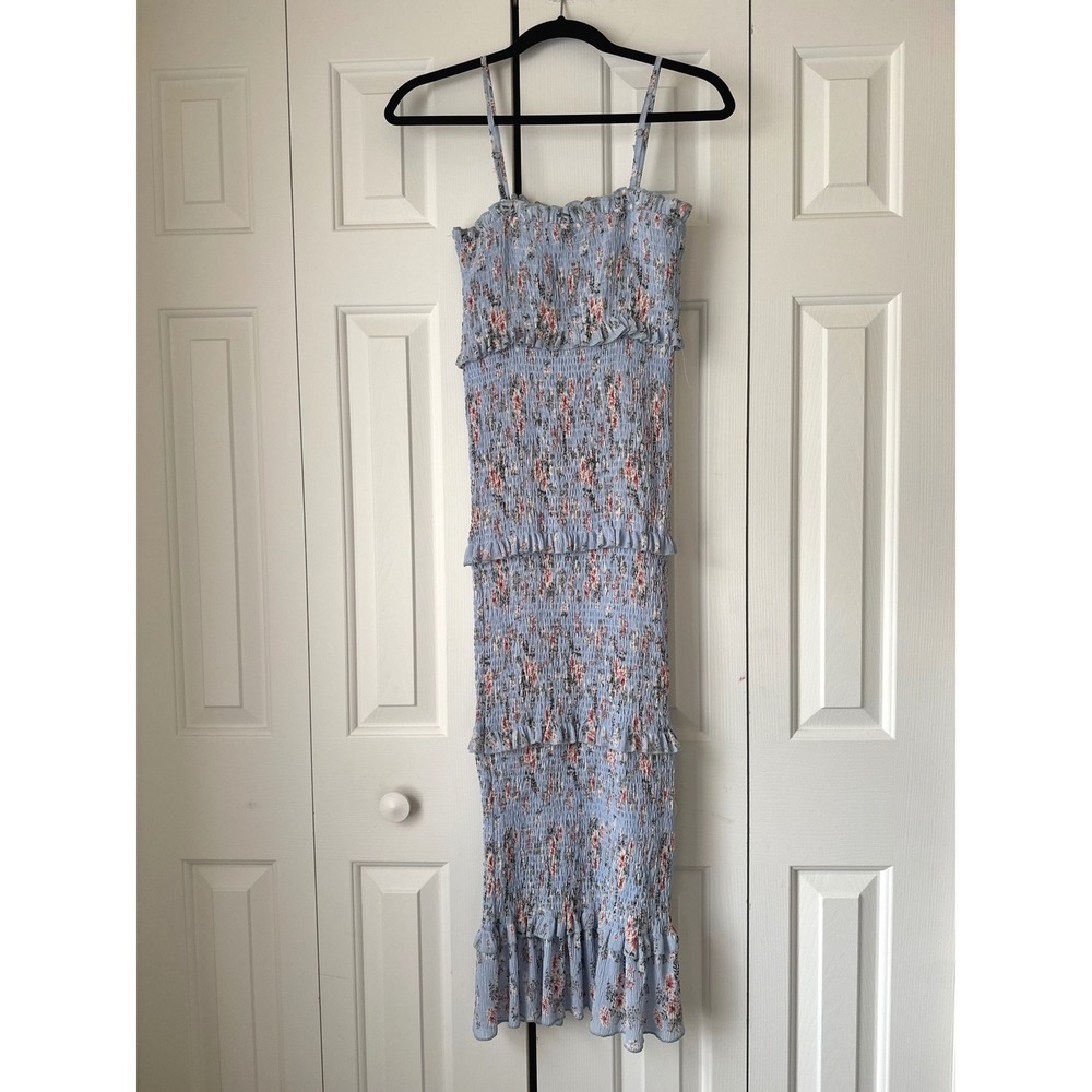 Vici Dolls Blue Floral Smocked Tiered Ruffle Midi Dress Small MD2291A - Picture 2 of 4